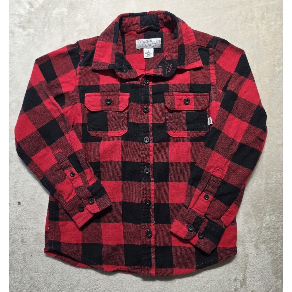 Ocean Coast Boys Size‎ 6 Red Black Buffalo Plaid Flannel Button Shirt Lumberjack